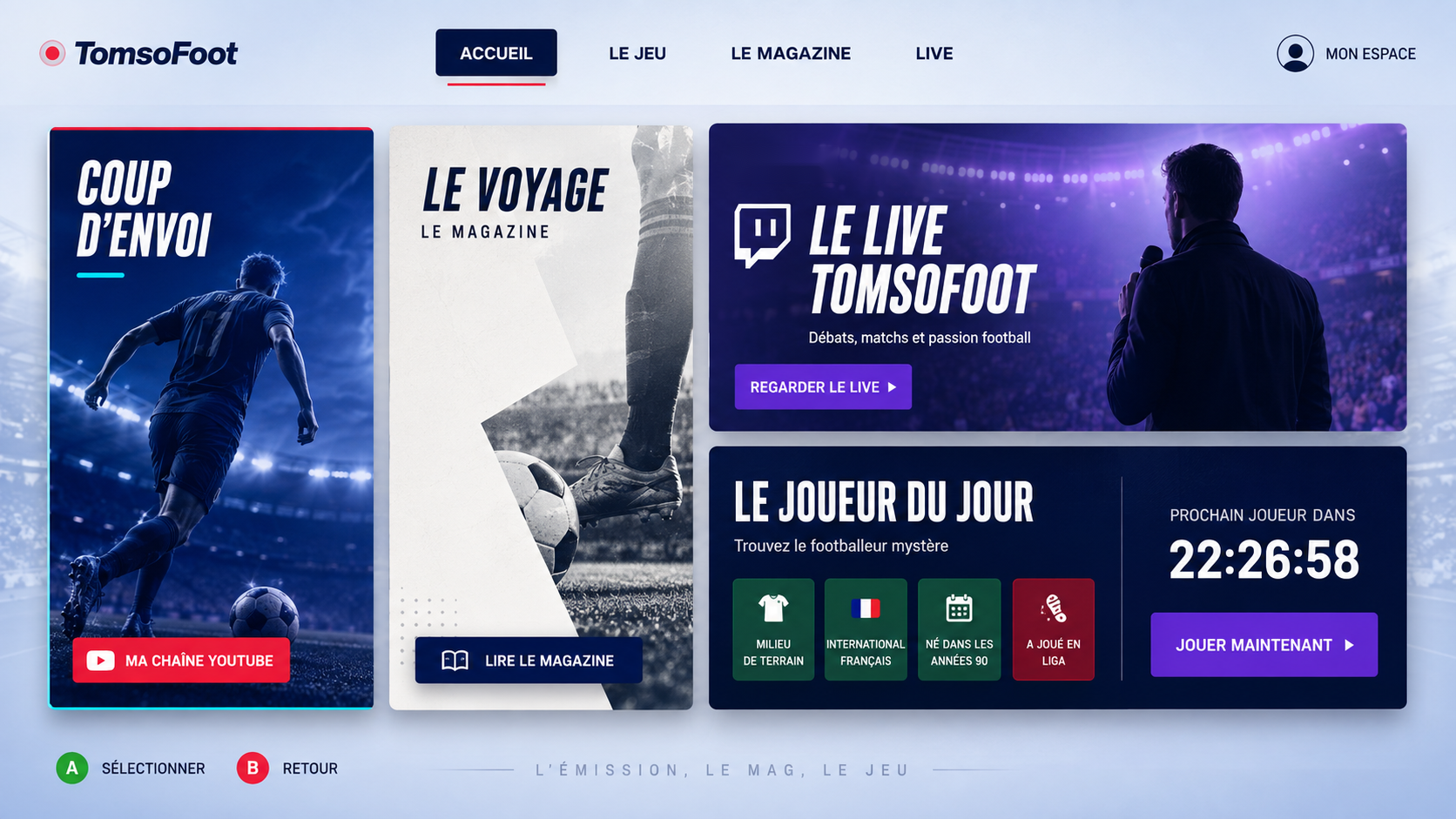 Menu TomsoFoot : la chaîne YouTube, le magazine, le live Twitch et le jeu Jogadle